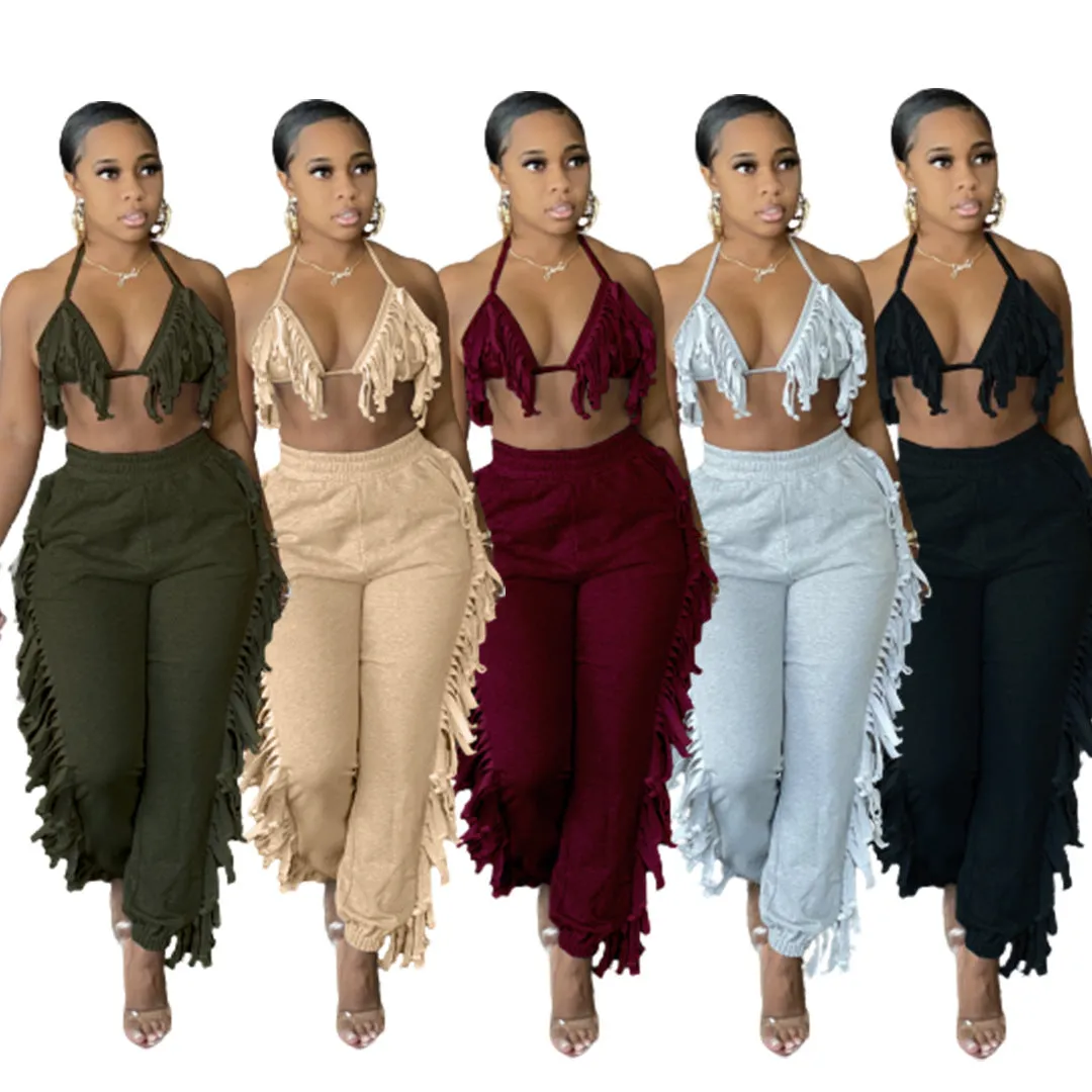 MB FASHION Fringe Halter Top and Jogger Pants Two-Piece Set 9177R