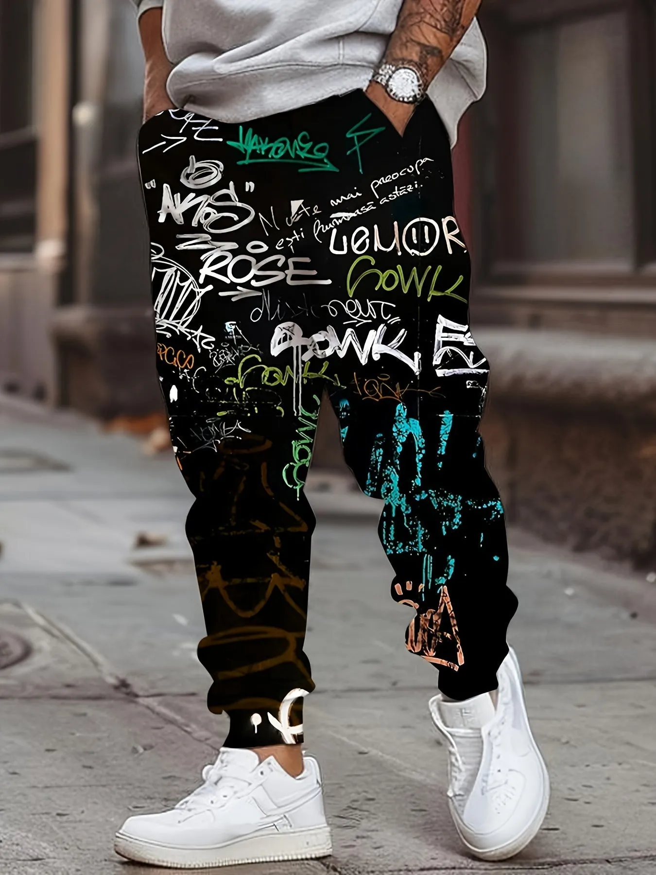 Men's 3D Graffiti Print Casual Polyester Sweatpants with Drawstring and Pockets | Slight Stretch Knit Fabric | All Over Print Regular Fit Joggers