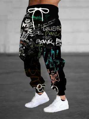 Men's 3D Graffiti Print Casual Polyester Sweatpants with Drawstring and Pockets | Slight Stretch Knit Fabric | All Over Print Regular Fit Joggers