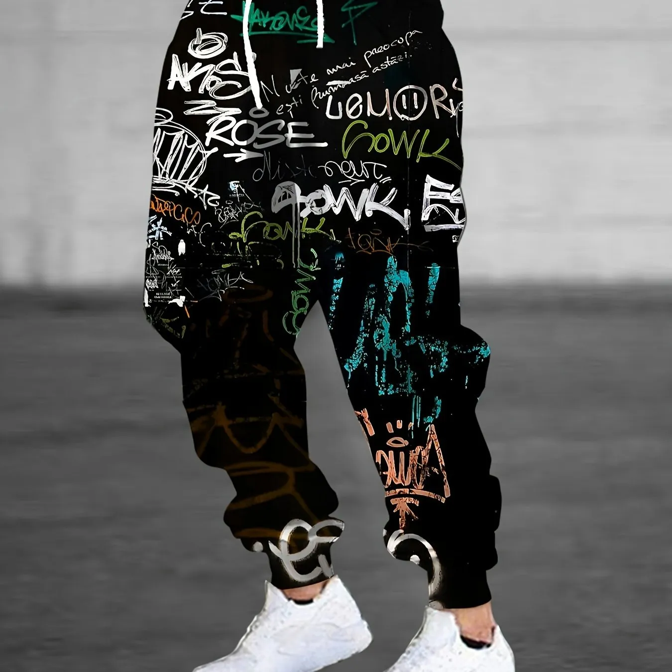 Men's 3D Graffiti Print Casual Polyester Sweatpants with Drawstring and Pockets | Slight Stretch Knit Fabric | All Over Print Regular Fit Joggers