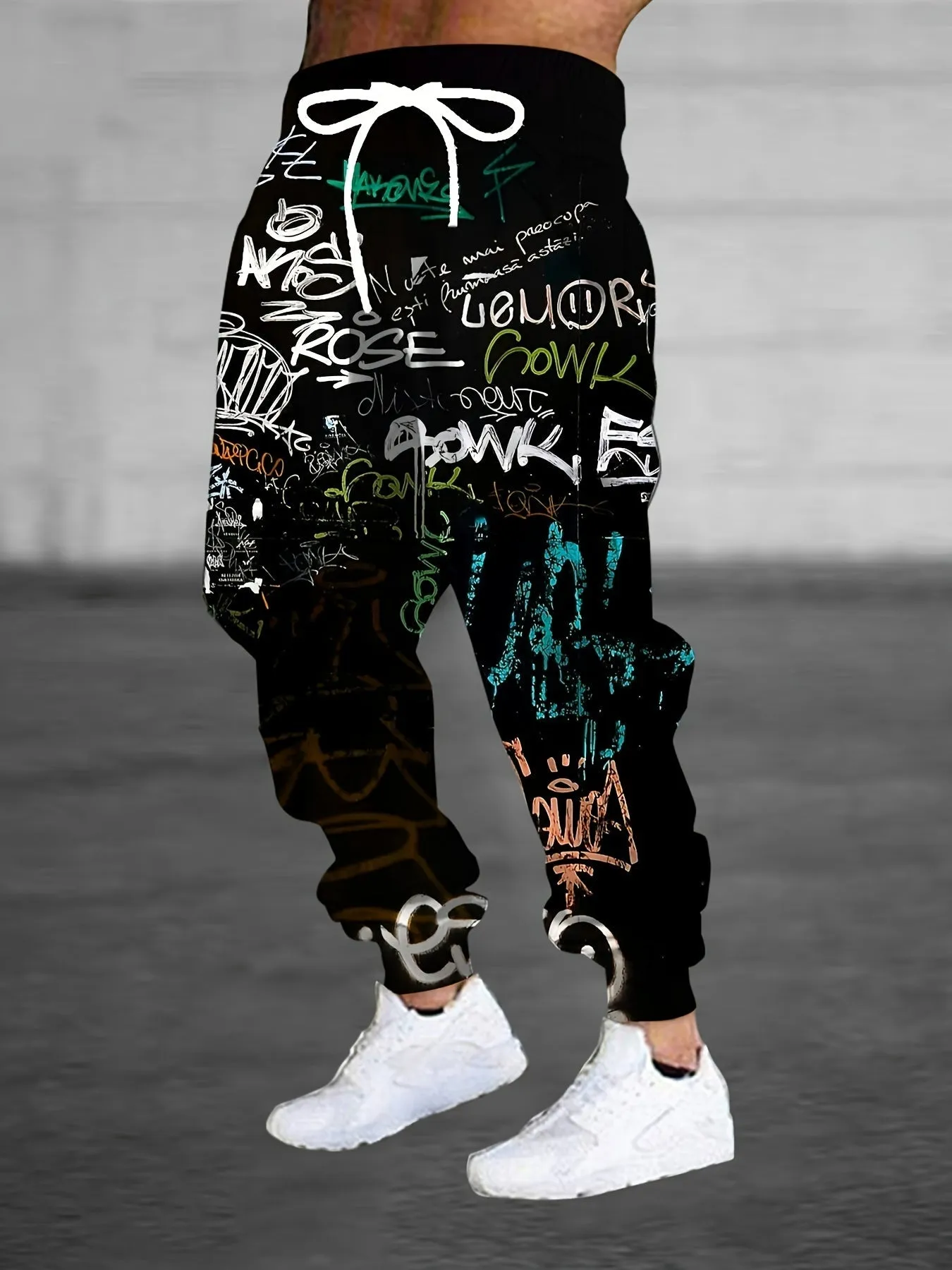 Men's 3D Graffiti Print Casual Polyester Sweatpants with Drawstring and Pockets | Slight Stretch Knit Fabric | All Over Print Regular Fit Joggers