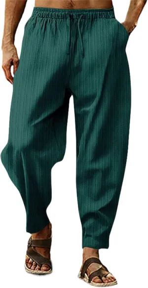 Men's Linen Pants Striped Casual Beach Vacation Slacks Open Bottom Drawstring Waist Relaxed Fit Trousers for Summer