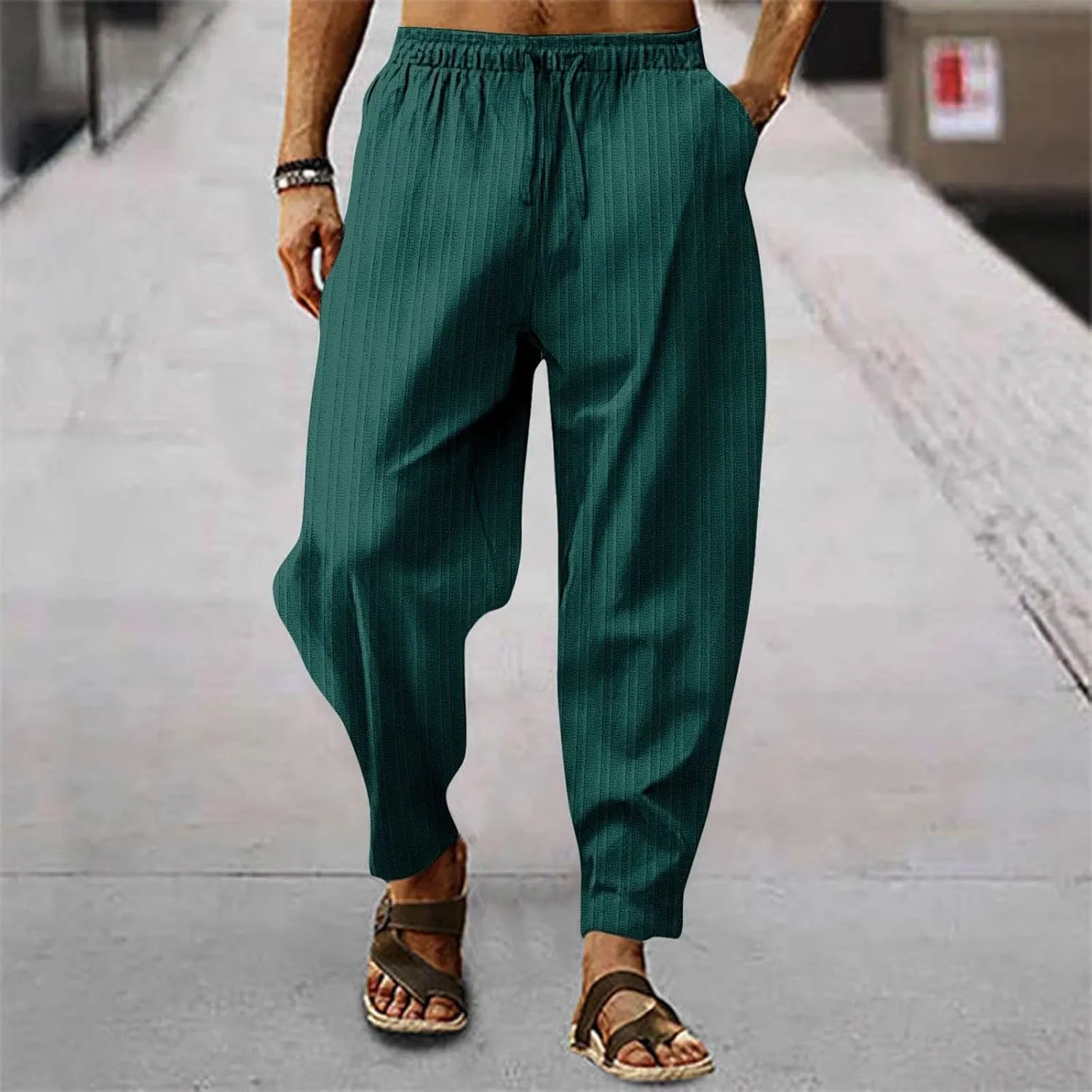 Men's Linen Pants Striped Casual Beach Vacation Slacks Open Bottom Drawstring Waist Relaxed Fit Trousers for Summer