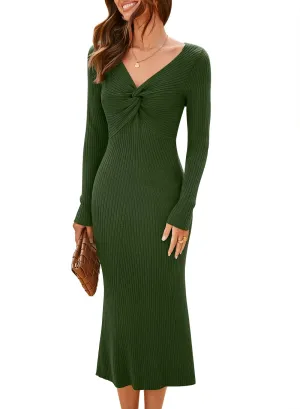 MIHOLL Sweater Dress for Women 2024 Fall Trendy Casual Long Sleeve V Neck Ribbed Knit Bodycon Midi Christmas Dress Army Green M