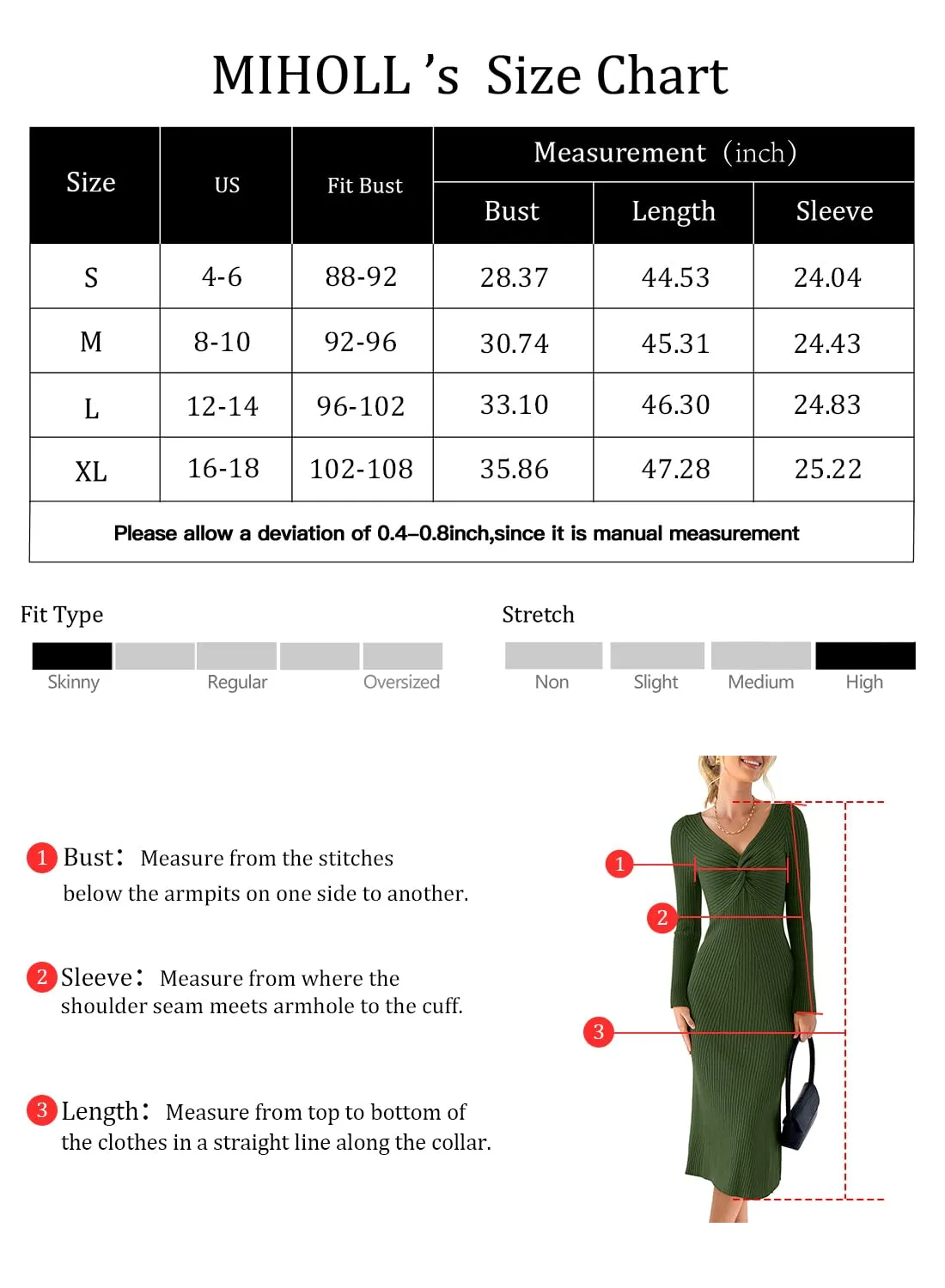 MIHOLL Sweater Dress for Women 2024 Fall Trendy Casual Long Sleeve V Neck Ribbed Knit Bodycon Midi Christmas Dress Army Green M