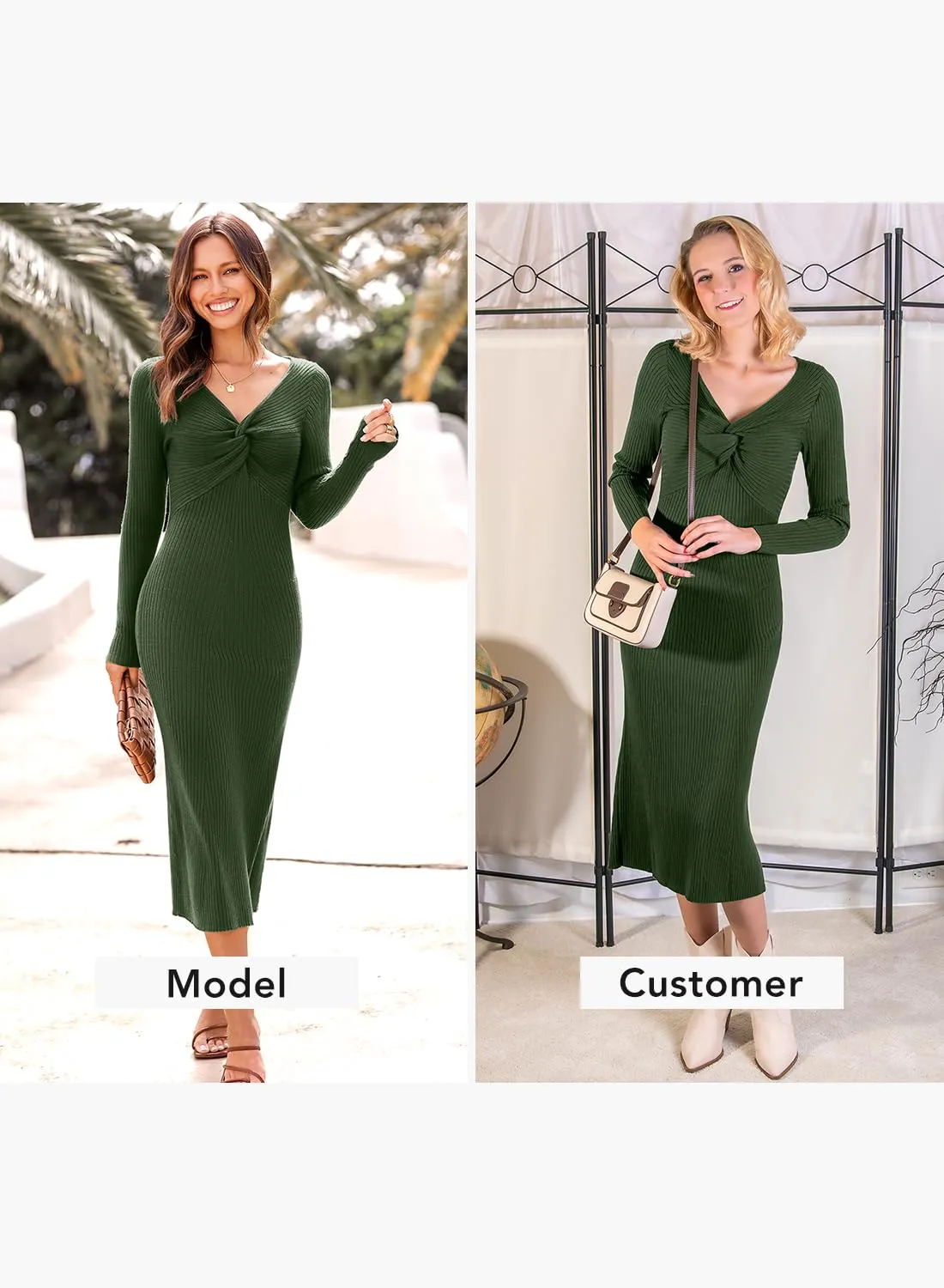 MIHOLL Sweater Dress for Women 2024 Fall Trendy Casual Long Sleeve V Neck Ribbed Knit Bodycon Midi Christmas Dress Army Green M