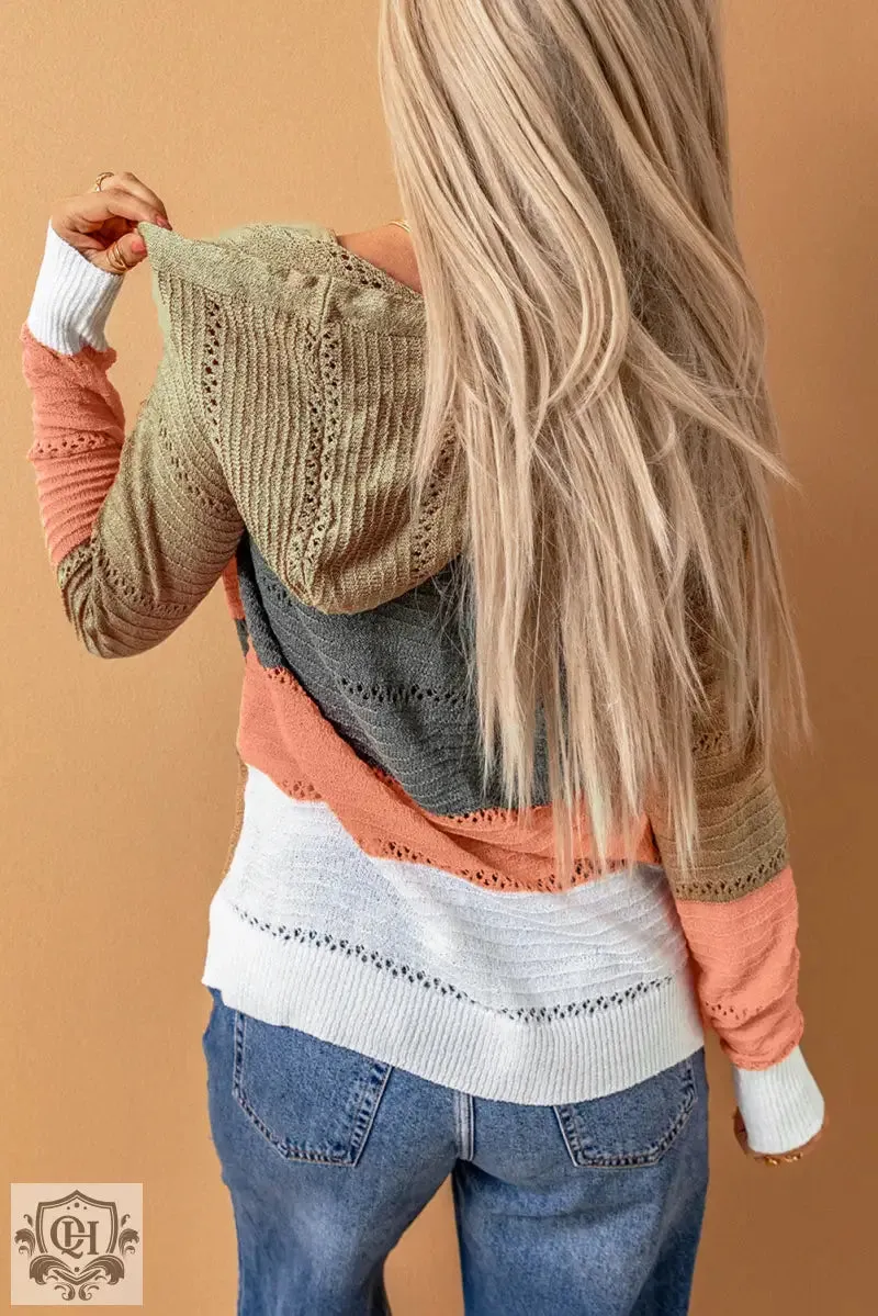 Multicolor Zipped Front Colorblock Hollow-out Knit Hoodie