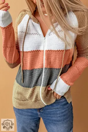 Multicolor Zipped Front Colorblock Hollow-out Knit Hoodie