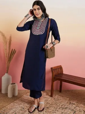 Navy Blue Yoke Design Regular Kurta with Trousers