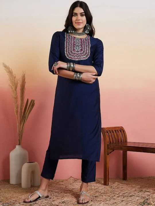 Navy Blue Yoke Design Regular Kurta with Trousers