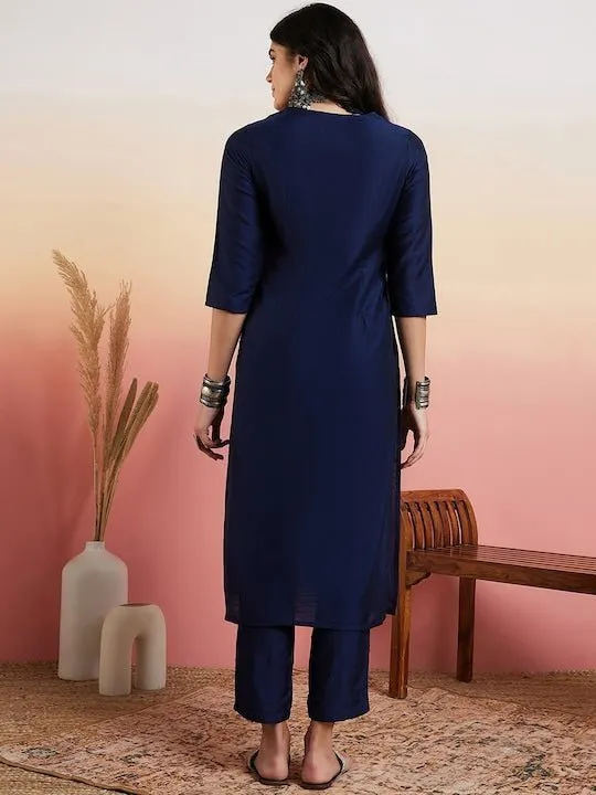 Navy Blue Yoke Design Regular Kurta with Trousers