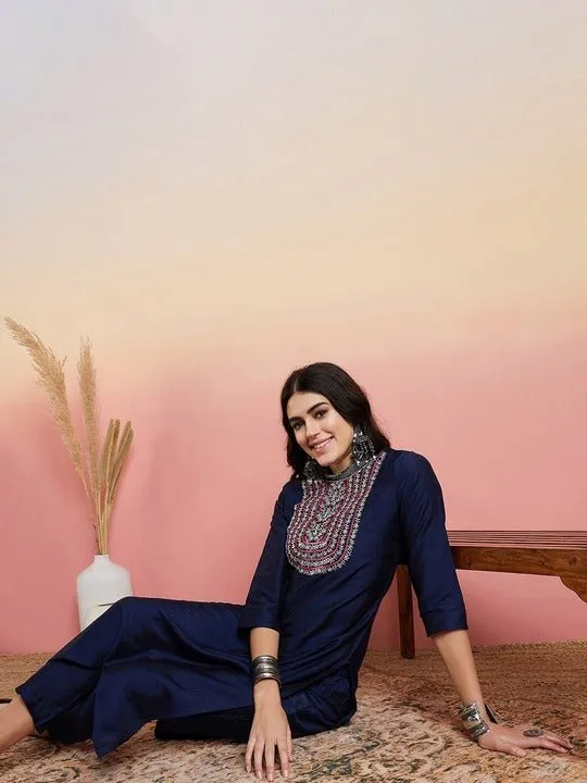 Navy Blue Yoke Design Regular Kurta with Trousers