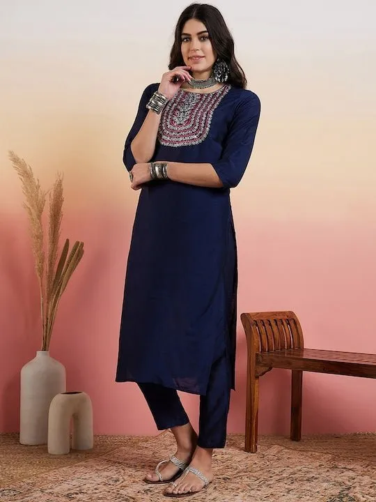 Navy Blue Yoke Design Regular Kurta with Trousers