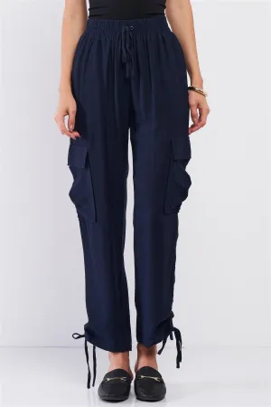Navy Elastic Draw String Tie High Waist Two Side Leg Pockets Self-Tie Bottom Drawstring Jogger Pants /2-2-2