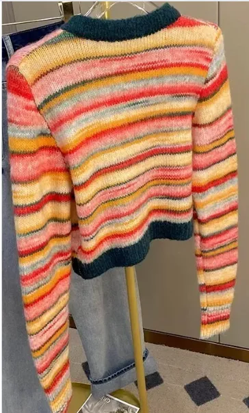 Pre Order:  Orange Stripes Knitted Cropped Cardigan