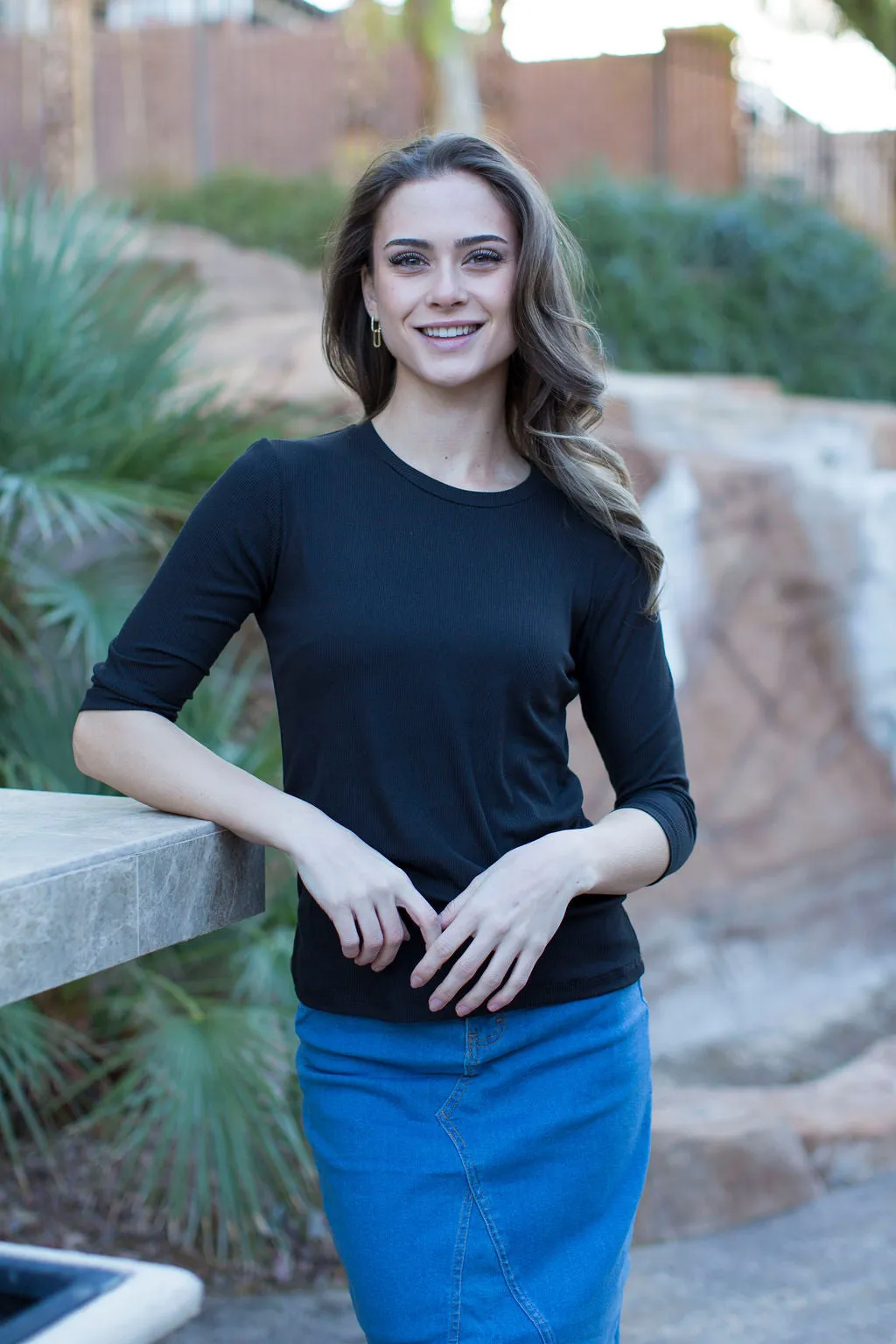 Ribbed Crewneck Tees- 3/4 Sleeve