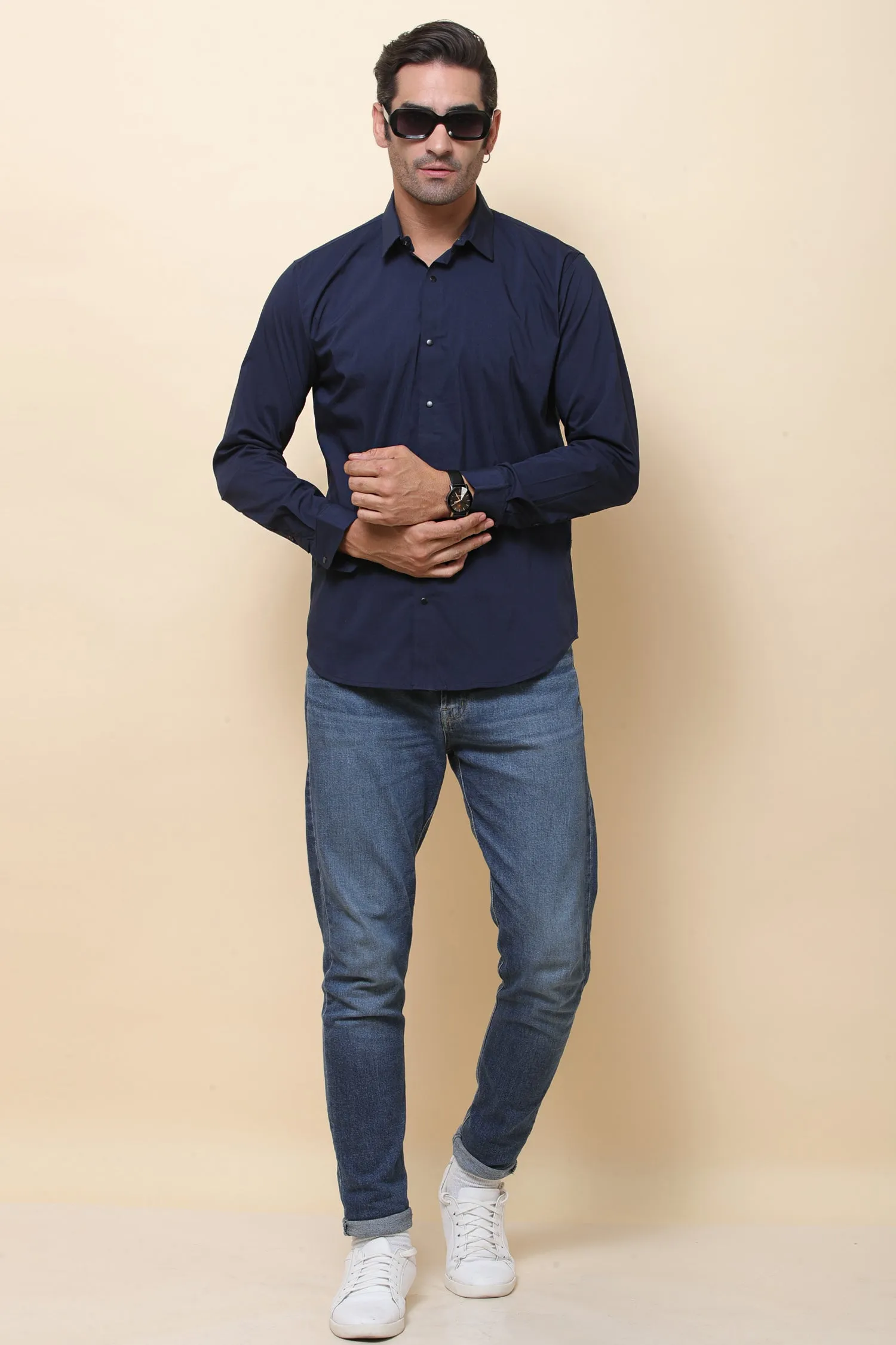 Satin Lycara Neavy Blue Full Sleeve Shirt for Men