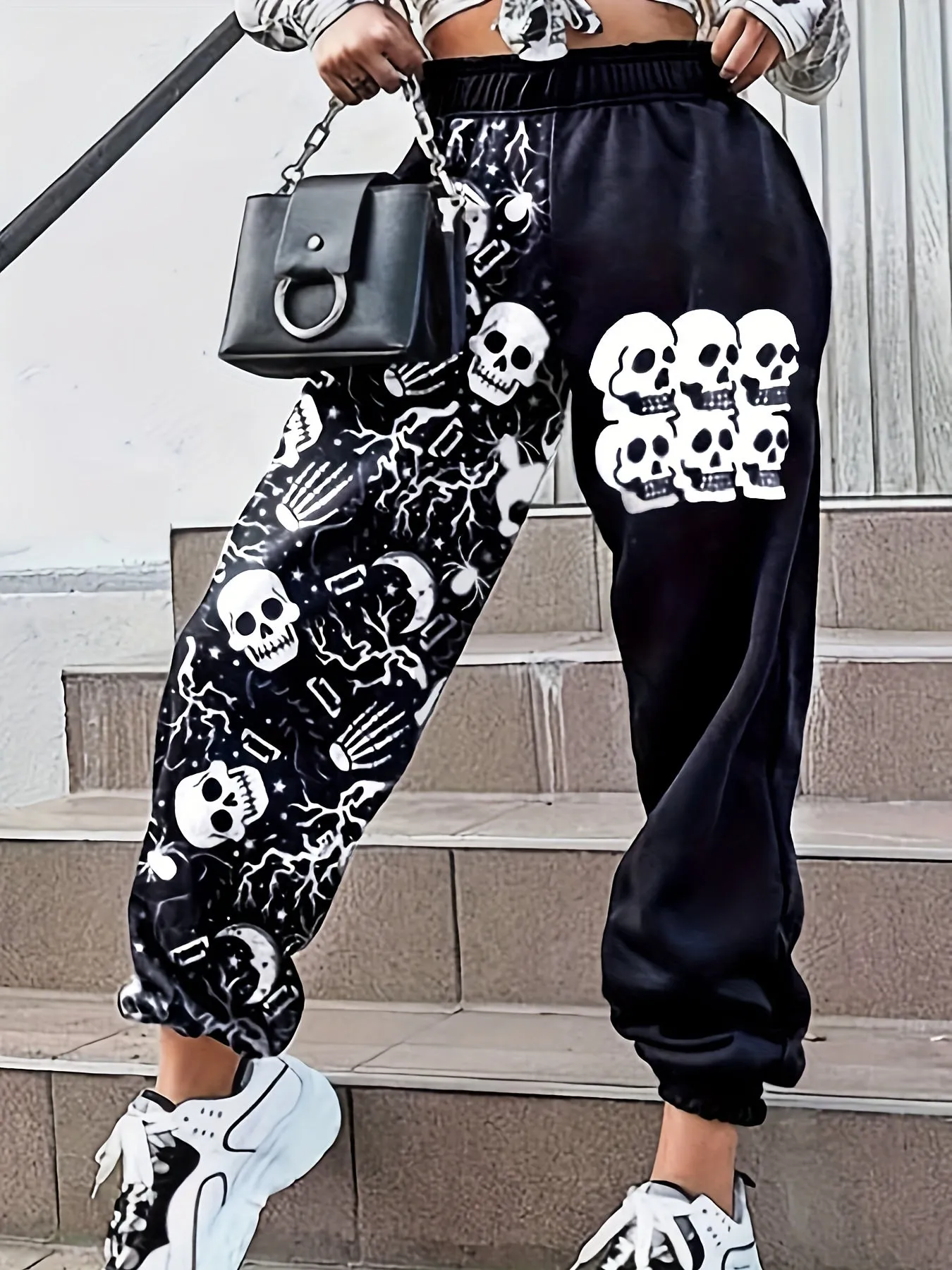 Skull Print Elastic Waist Jogger Pants, Casual Loose Pants, Women's Clothing