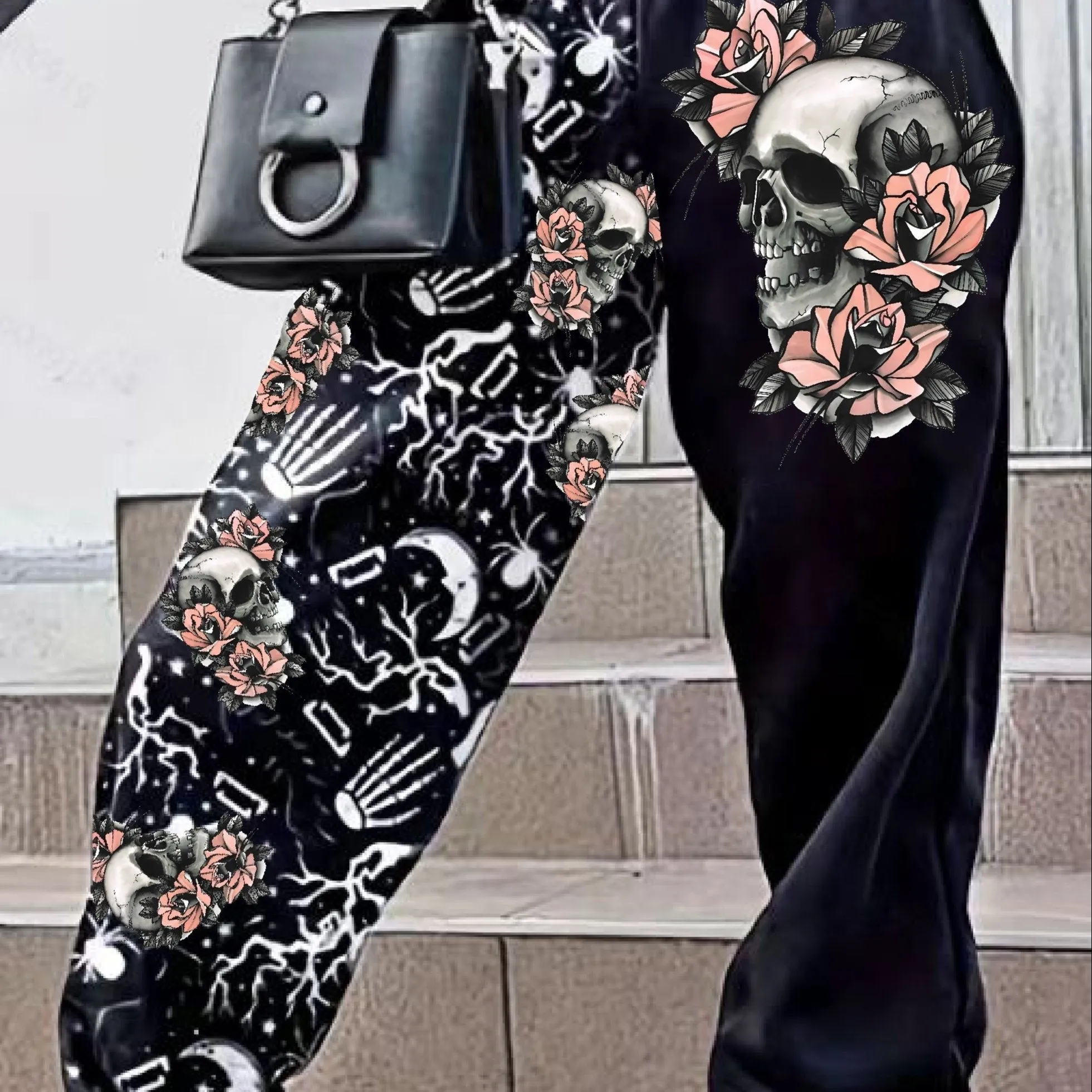 Skull Print Elastic Waist Jogger Pants, Casual Loose Pants, Women's Clothing
