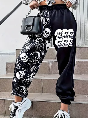 Skull Print Elastic Waist Jogger Pants, Casual Loose Pants, Women's Clothing