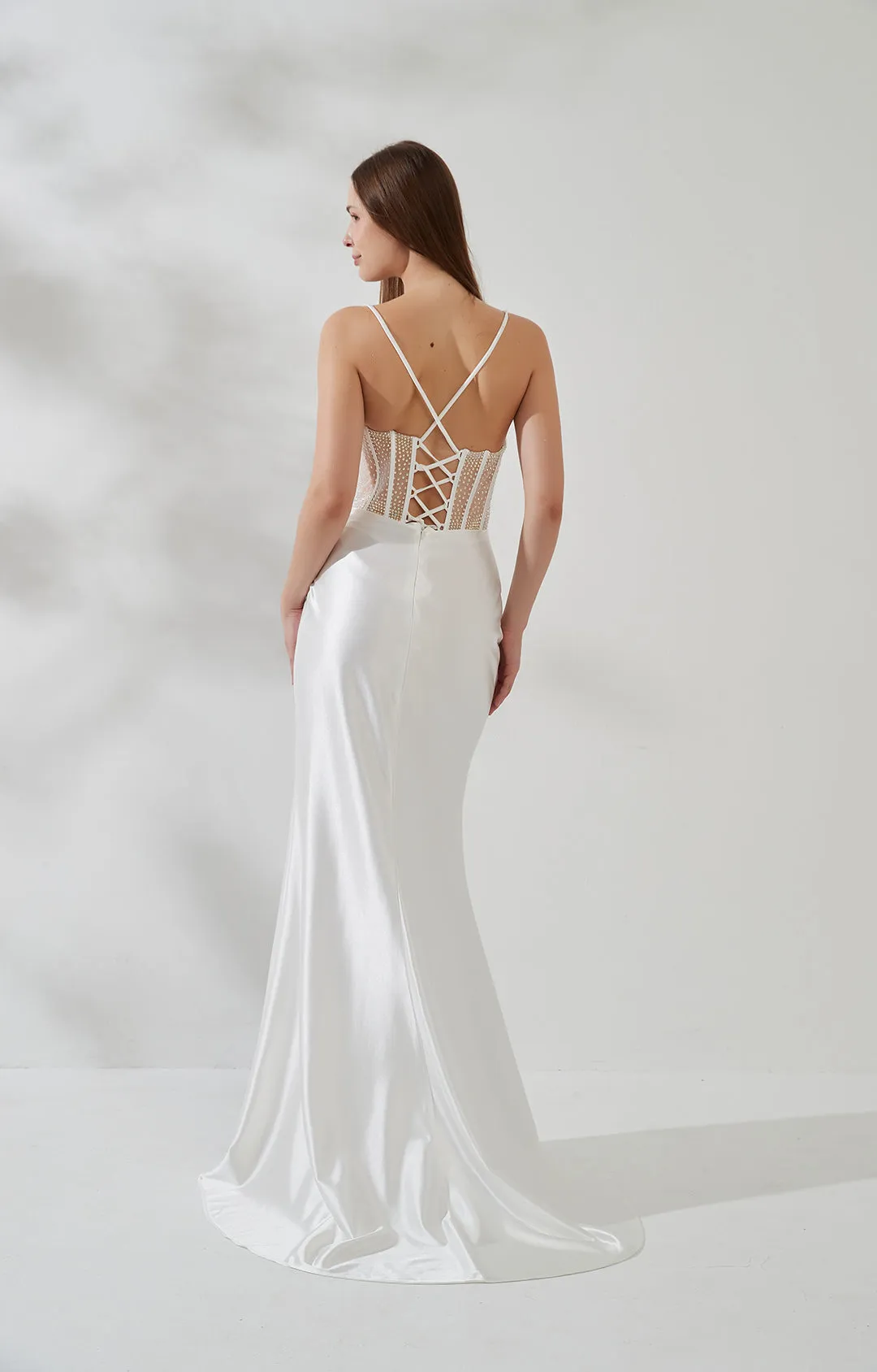 Spaghetti Strap Cowl Neck Pleated Sheer Boned Split Dress