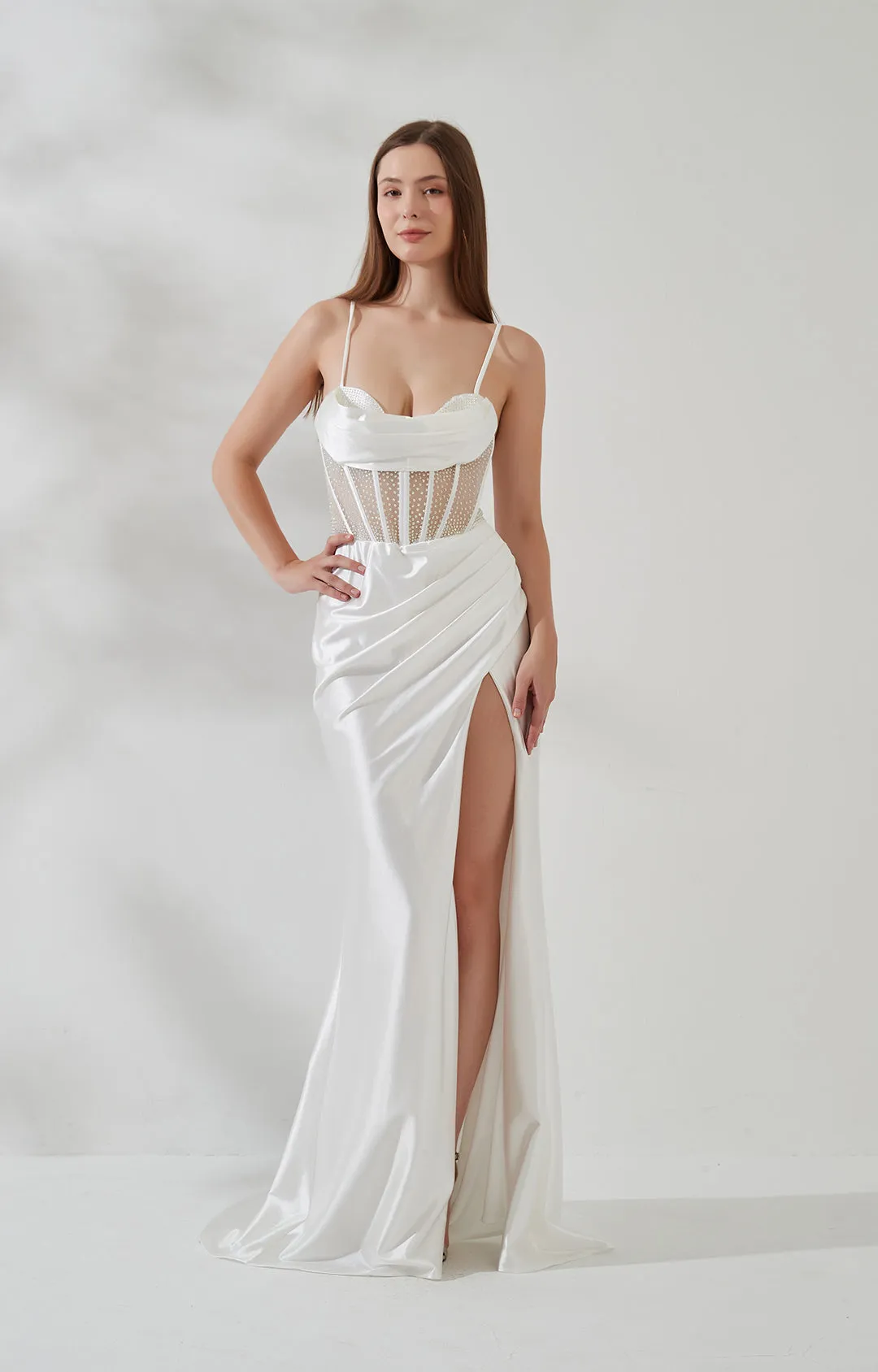 Spaghetti Strap Cowl Neck Pleated Sheer Boned Split Dress