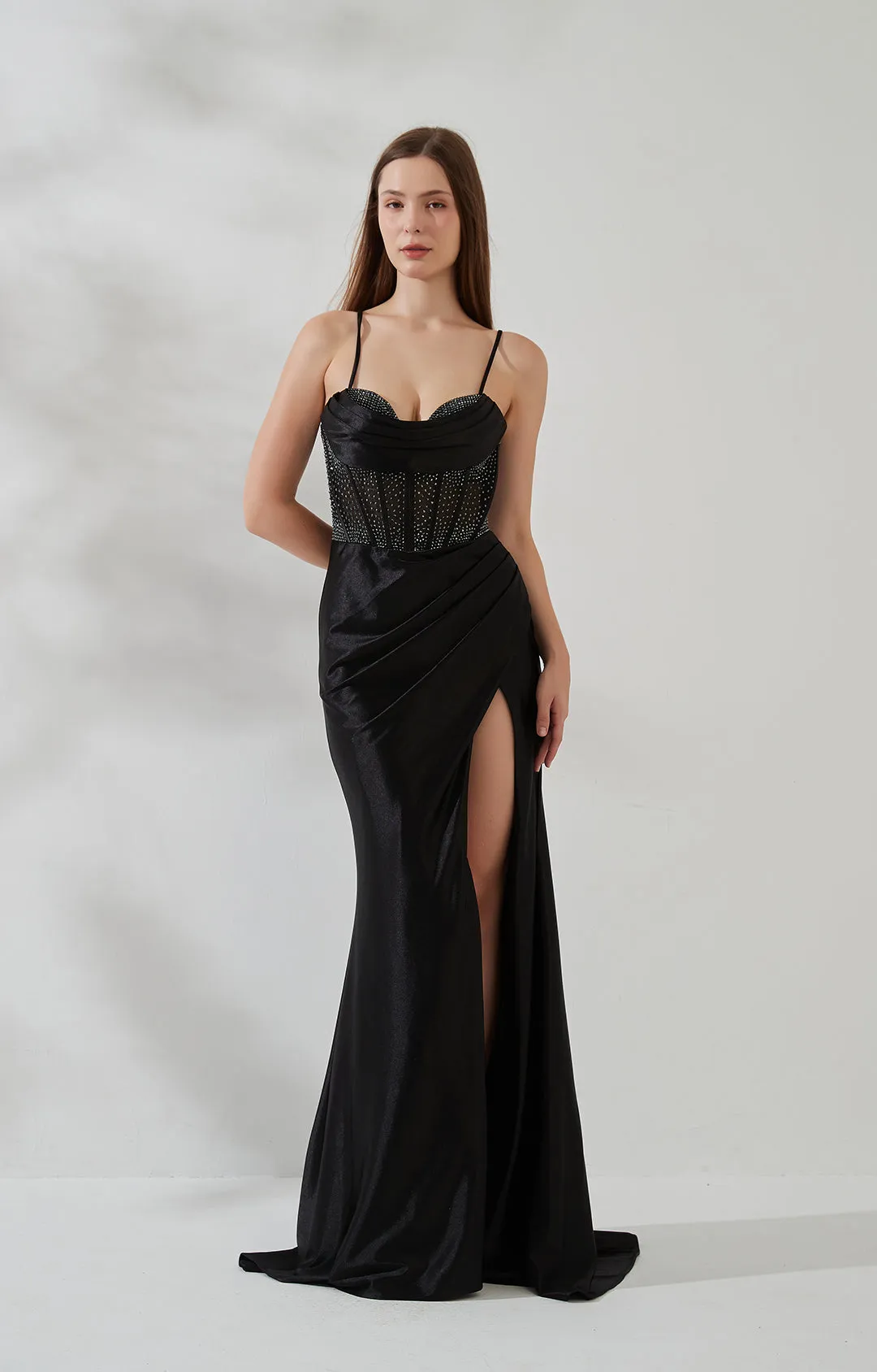 Spaghetti Strap Cowl Neck Pleated Sheer Boned Split Dress