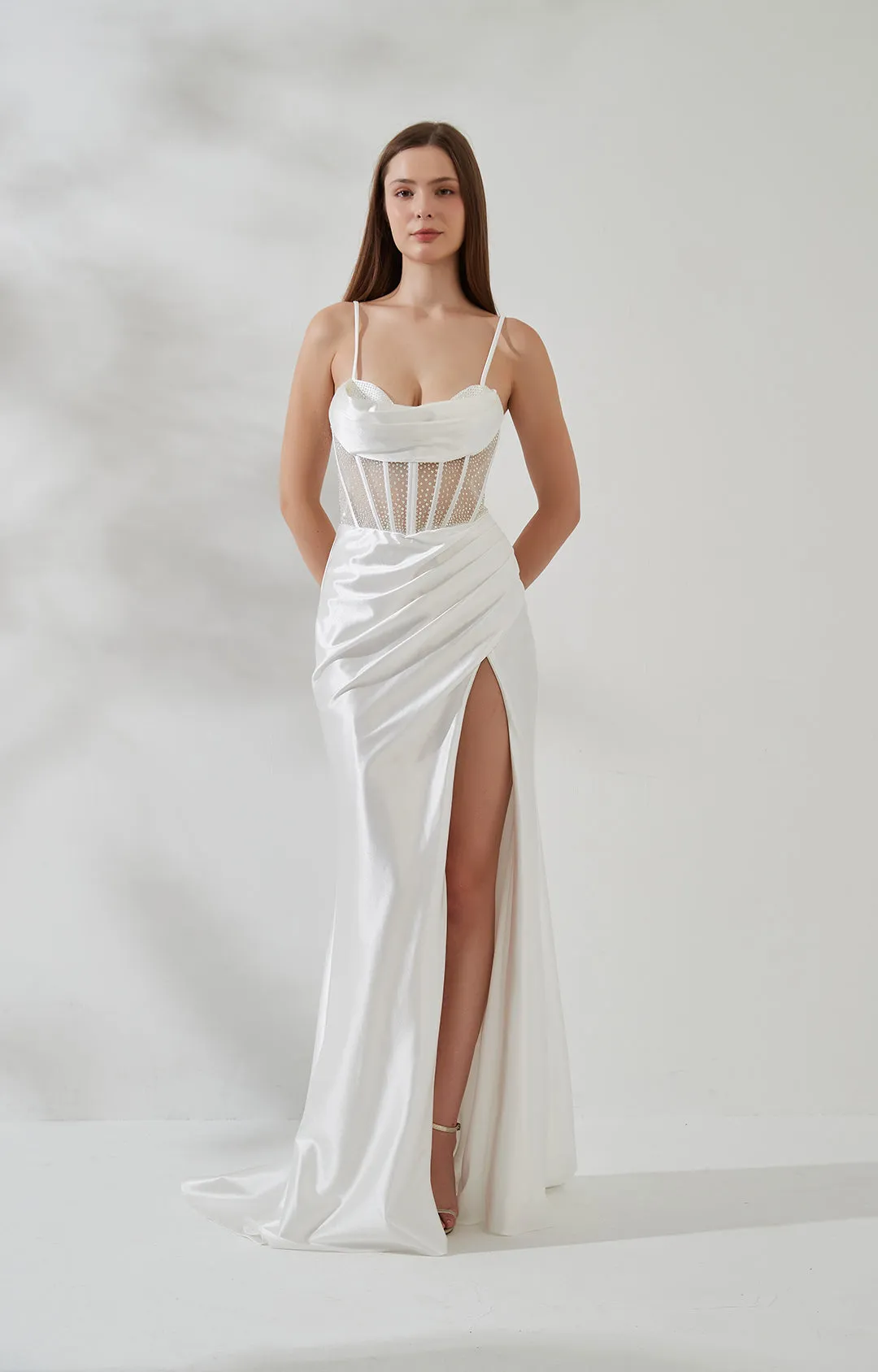 Spaghetti Strap Cowl Neck Pleated Sheer Boned Split Dress