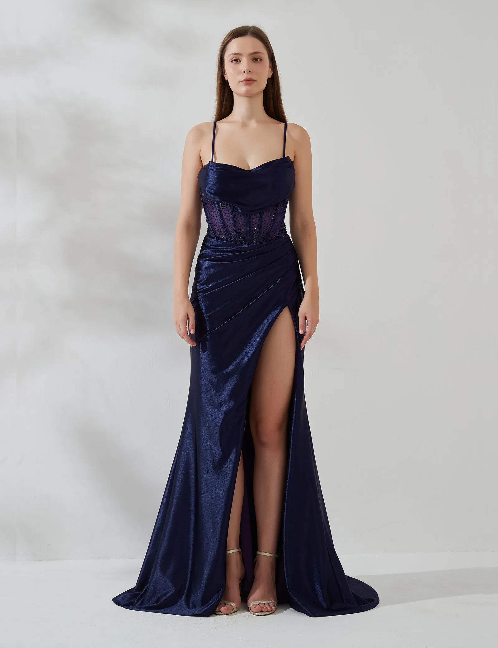 Spaghetti Strap Cowl Neck Pleated Sheer Boned Split Dress