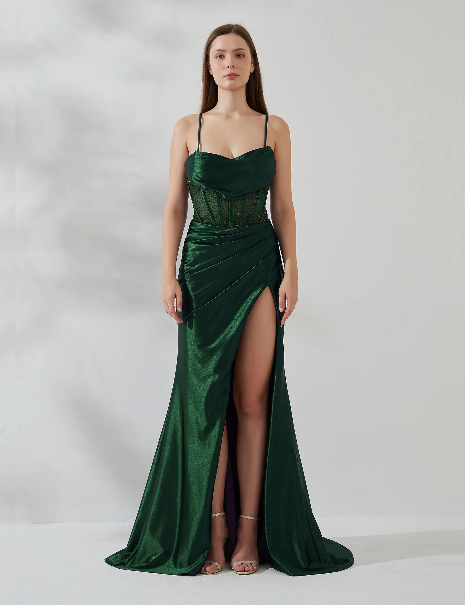 Spaghetti Strap Cowl Neck Pleated Sheer Boned Split Dress