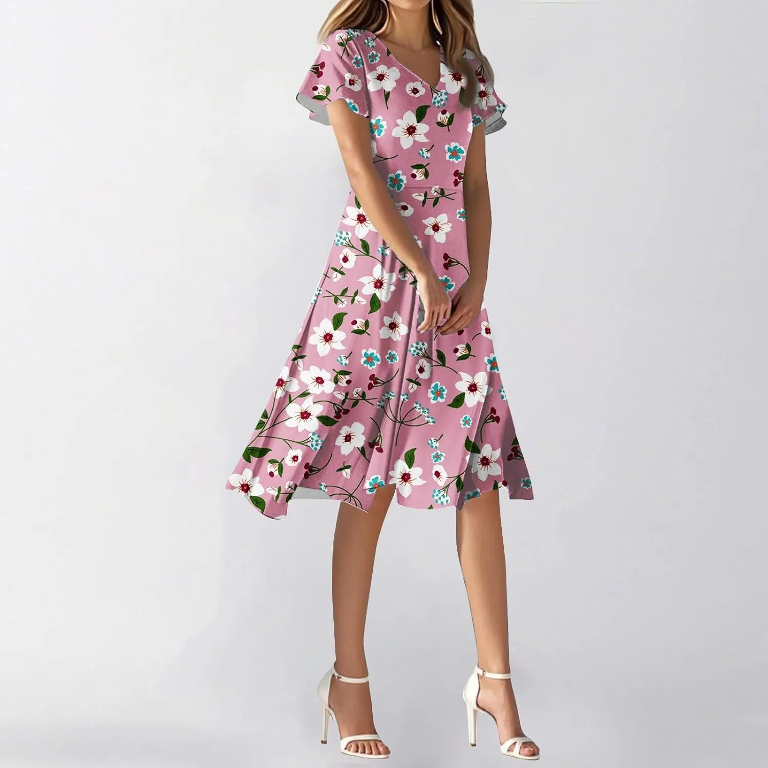 Spring Boho Dresses for Women 2025Semi Formales for Wedding Guest,Chiffon Midi Dress Below The Knee Length Dressess