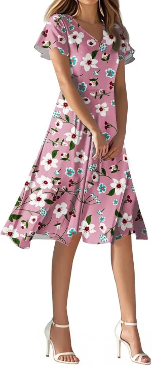 Spring Boho Dresses for Women 2025Semi Formales for Wedding Guest,Chiffon Midi Dress Below The Knee Length Dressess