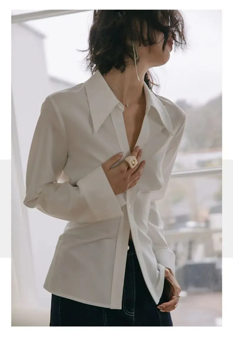 Spring Office Lady White Shirt: Korean Style Slim Button-Up Work Blouse for Women