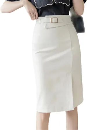 Spring Summer Buttons Women's Wrap Midi Skirts High Waist Workwear Front Split Sheath Pencil Skirts Female