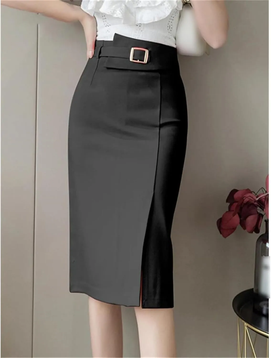 Spring Summer Buttons Women's Wrap Midi Skirts High Waist Workwear Front Split Sheath Pencil Skirts Female