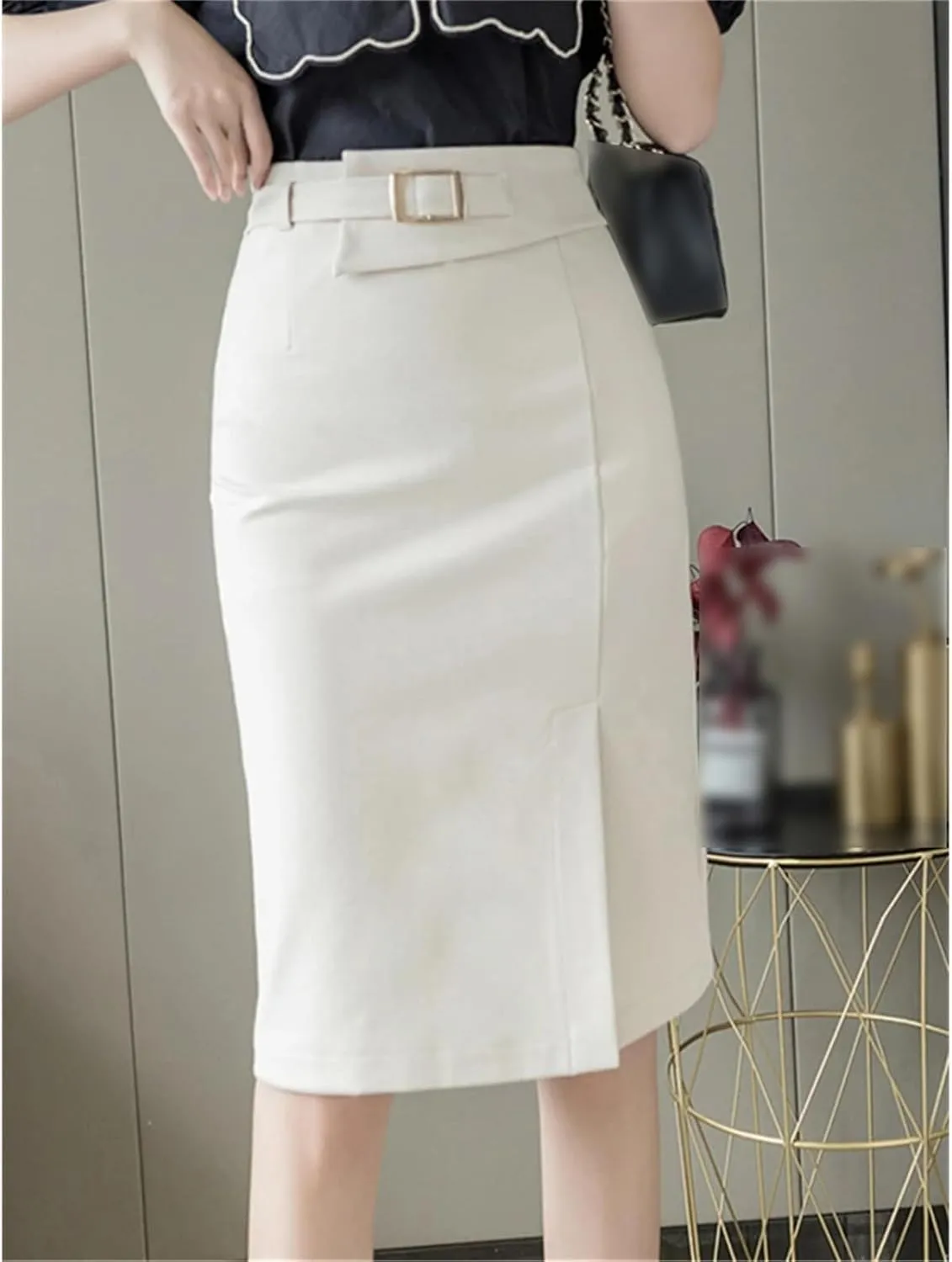 Spring Summer Buttons Women's Wrap Midi Skirts High Waist Workwear Front Split Sheath Pencil Skirts Female