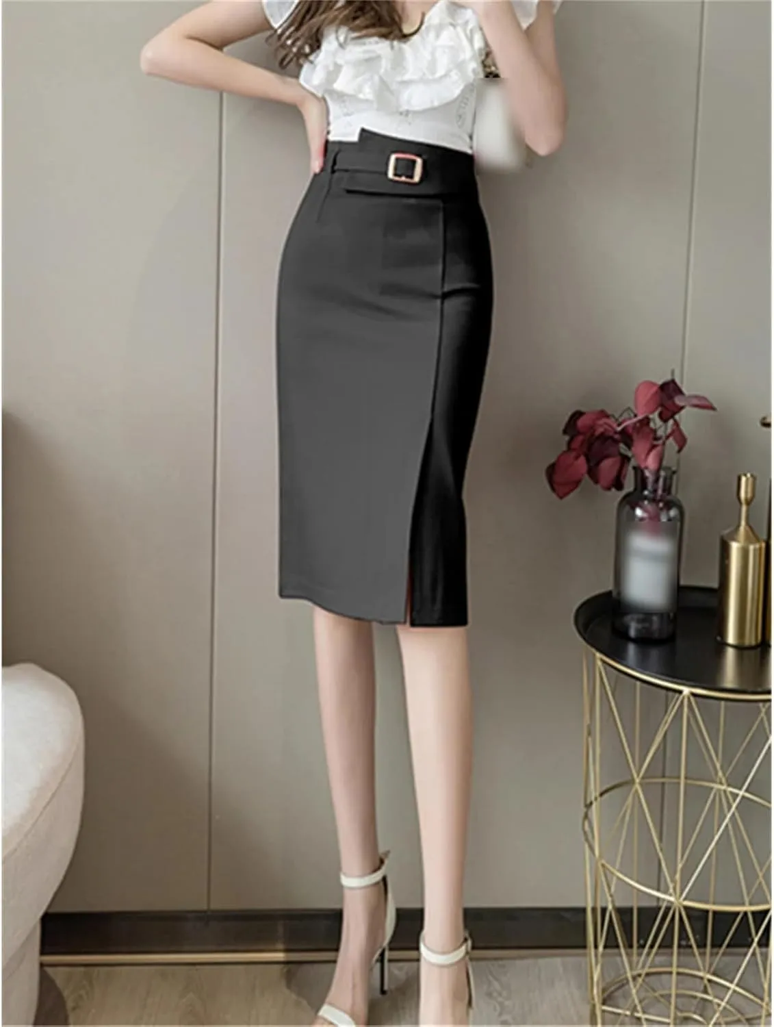 Spring Summer Buttons Women's Wrap Midi Skirts High Waist Workwear Front Split Sheath Pencil Skirts Female