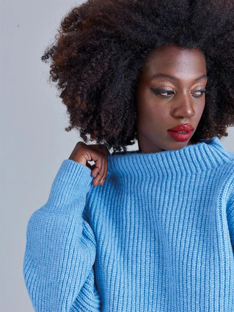 Stand Collar Balloon Sleeve Knitwear Sweater - Blue