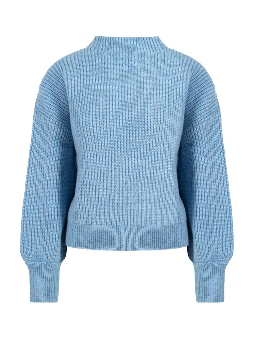 Stand Collar Balloon Sleeve Knitwear Sweater - Blue
