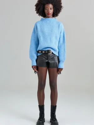 Stand Collar Balloon Sleeve Knitwear Sweater - Blue