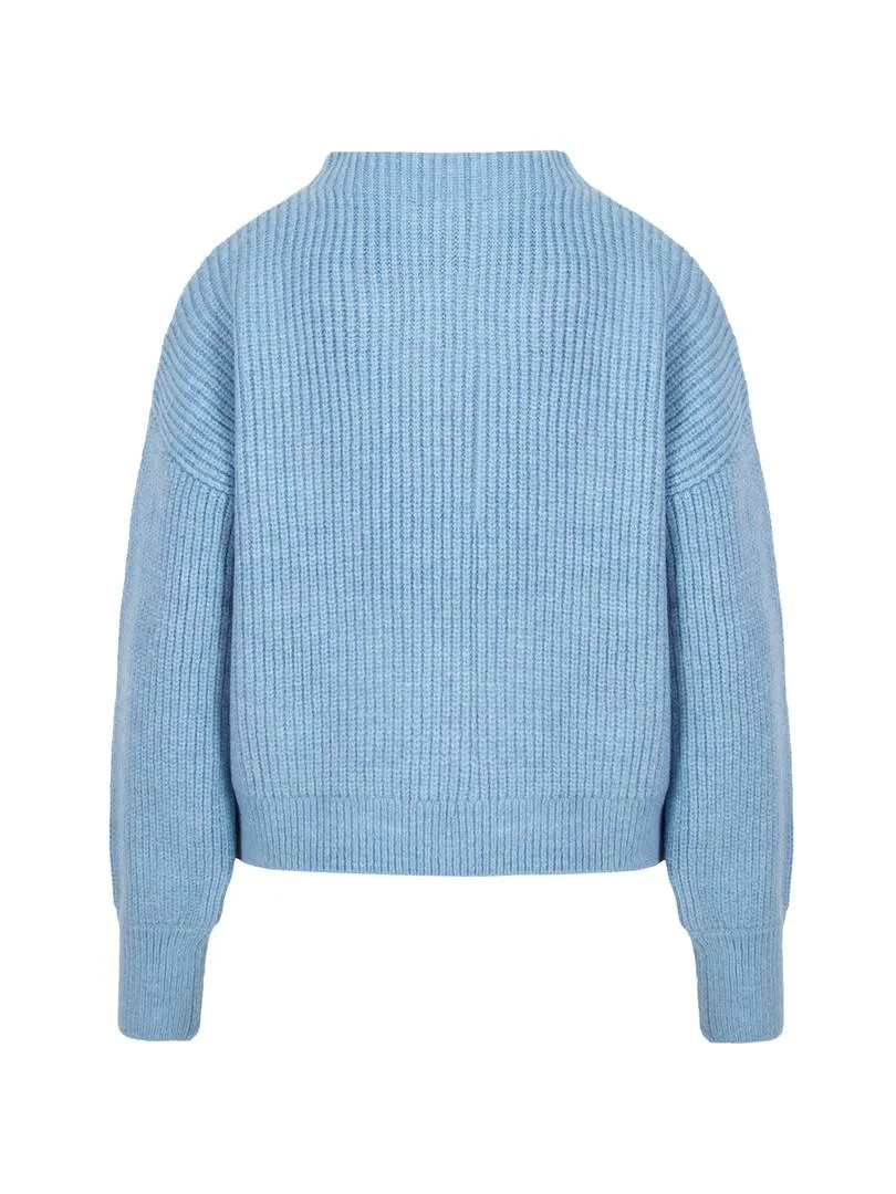 Stand Collar Balloon Sleeve Knitwear Sweater - Blue