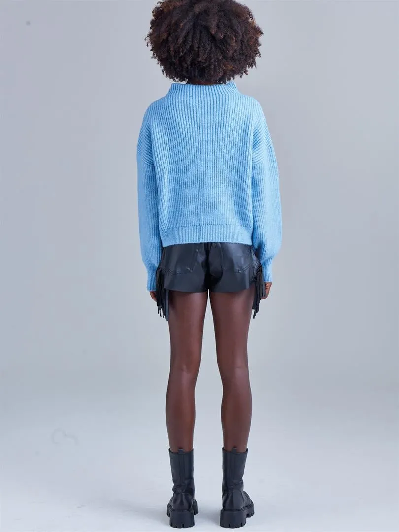 Stand Collar Balloon Sleeve Knitwear Sweater - Blue