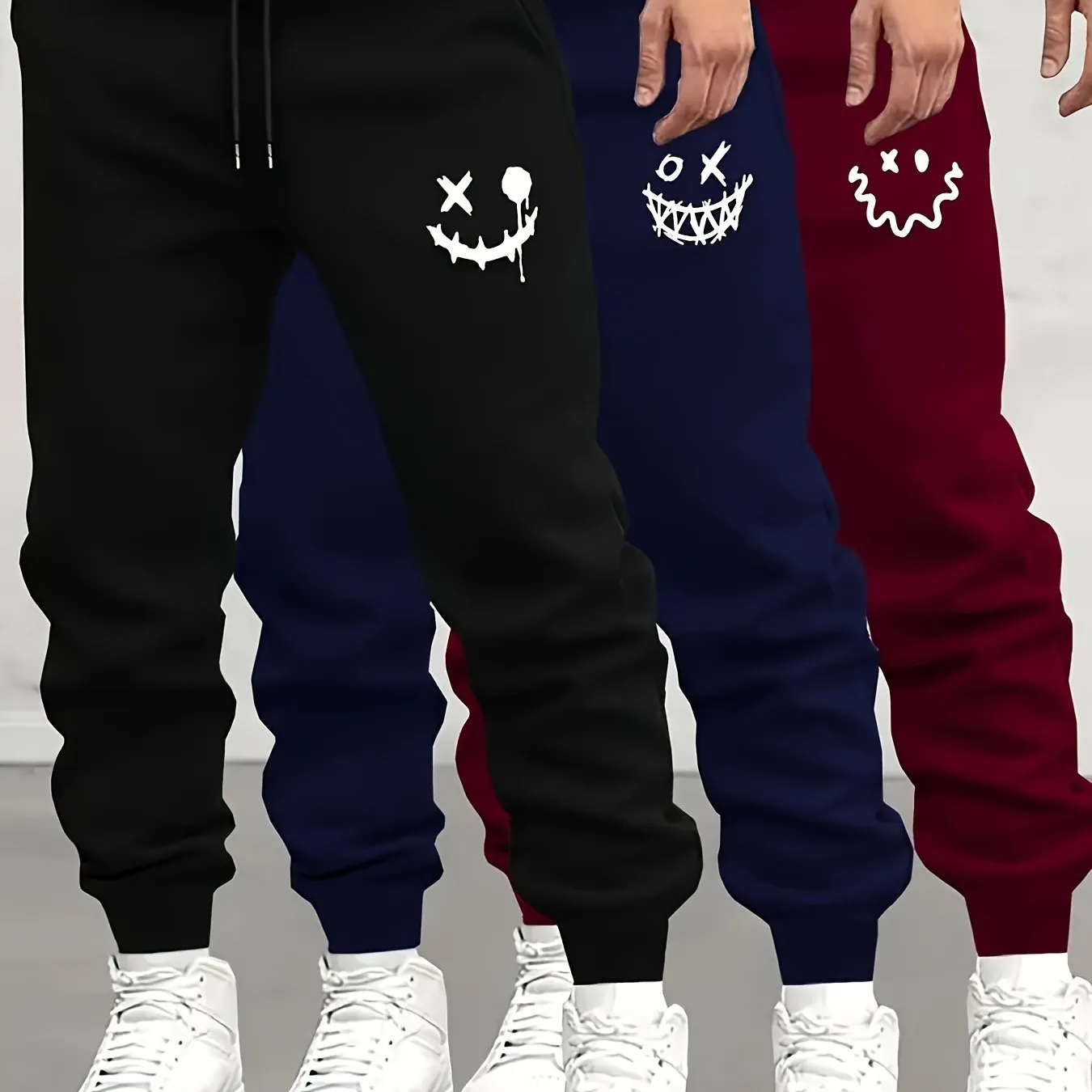 Stylish Smiling Face Print 3 Pieces Men's Casual Jogging Pants, Soft Autumn And Winter Plush Pants, Comfortable Outdoor Sleeveless Rope Pants