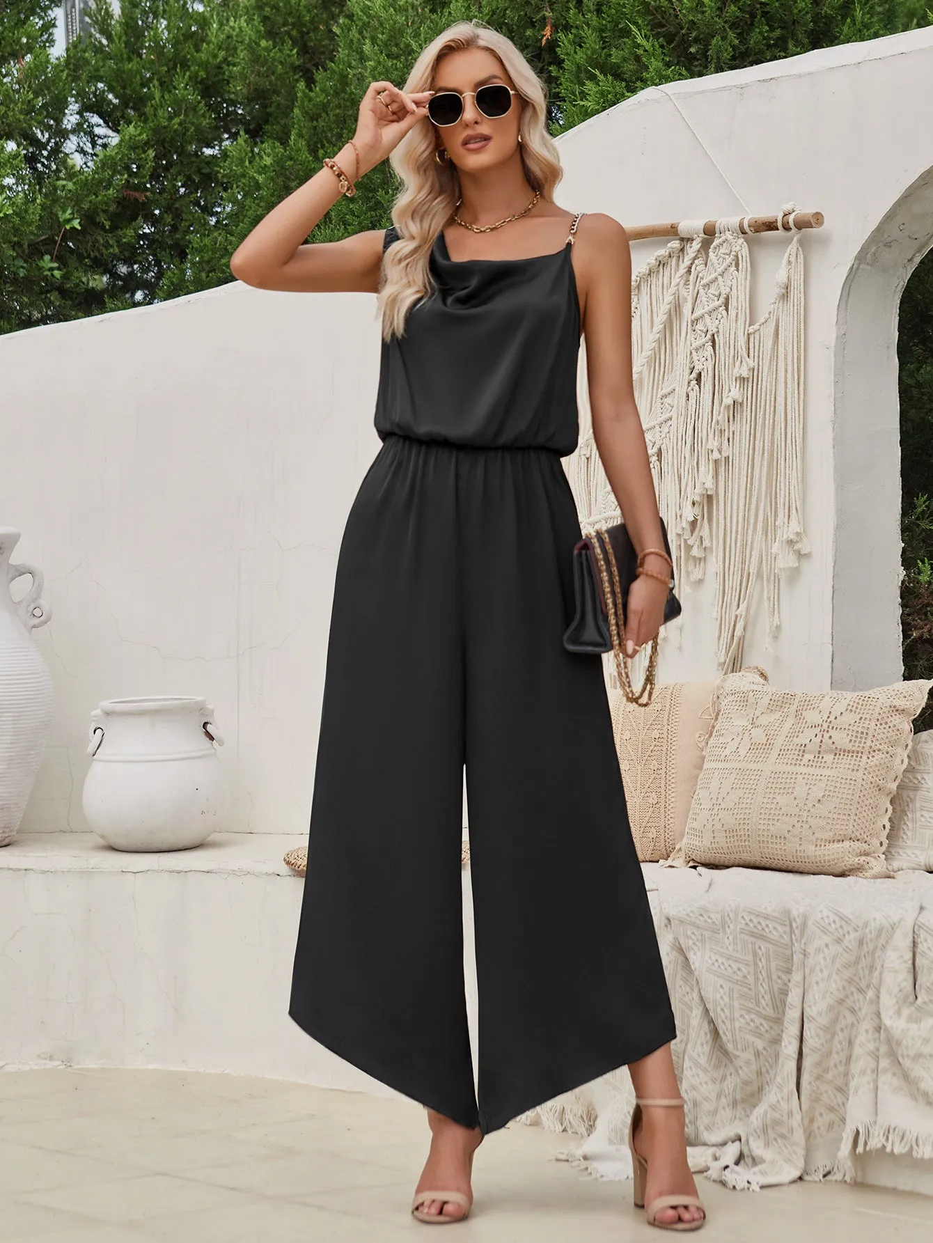 Summer Casual Women Clothing Solid Color Suspender Waist Wide Leg Jumpsuit