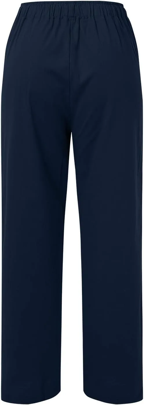 Summer Linen Pants for Womens 2025 Wide Leg Baggy Drawstring Elastic Waisted Palazzo Harem Trousers with Pockets