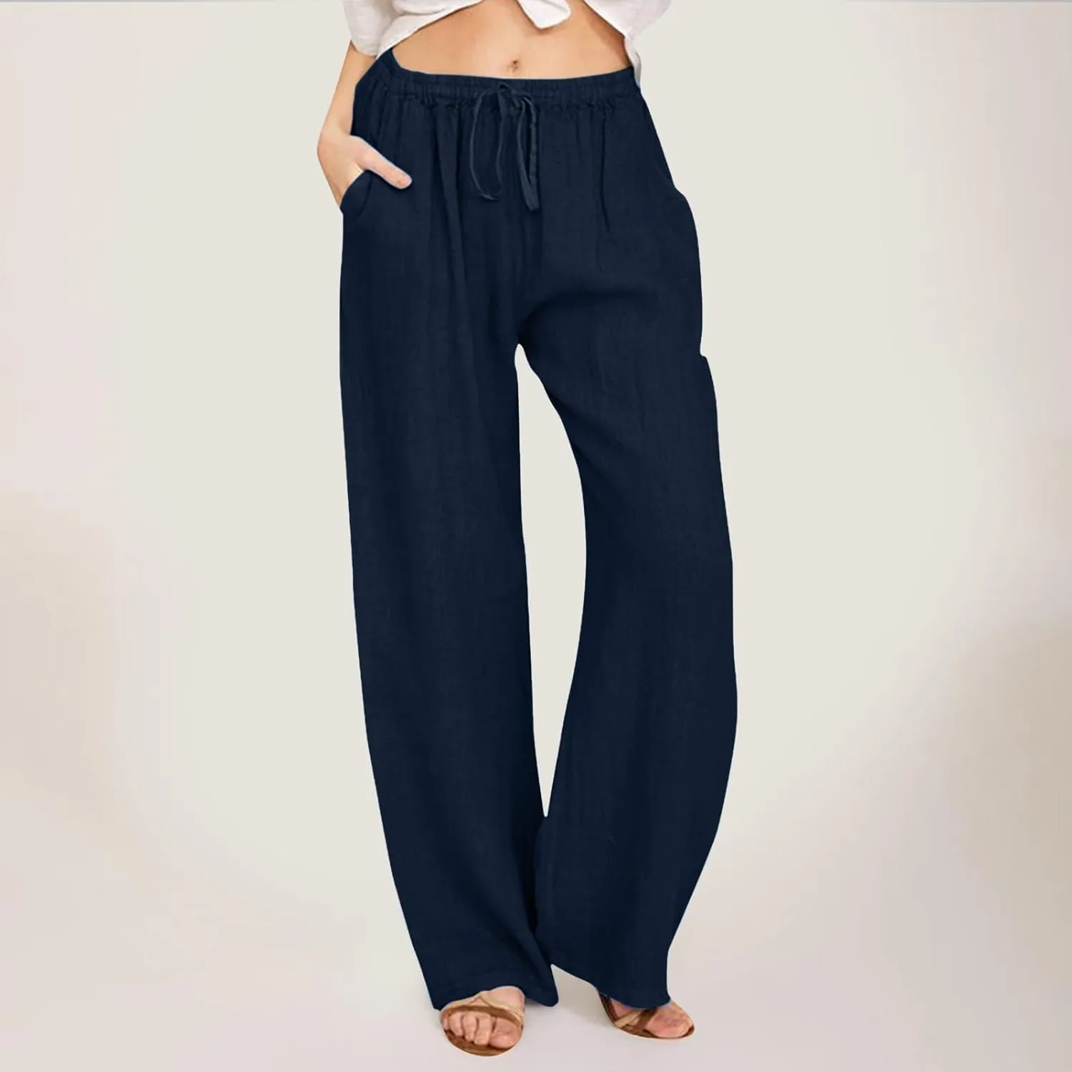 Summer Linen Pants for Womens 2025 Wide Leg Baggy Drawstring Elastic Waisted Palazzo Harem Trousers with Pockets