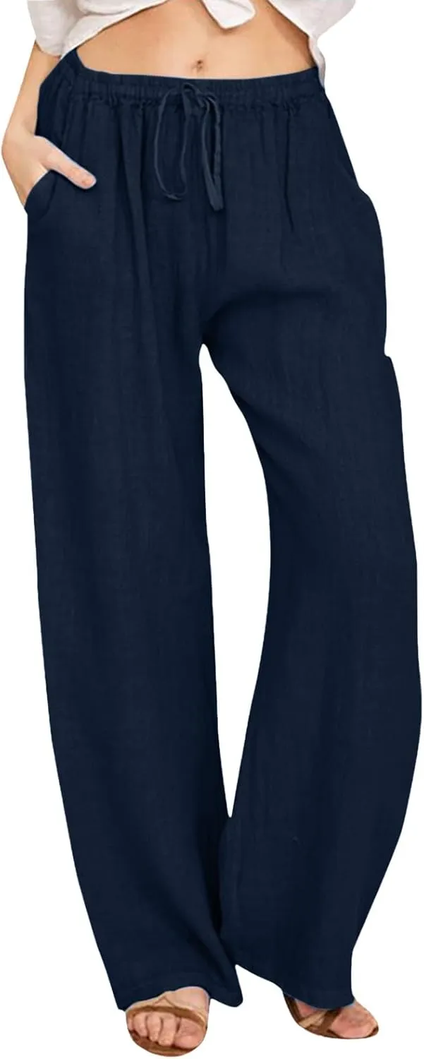 Summer Linen Pants for Womens 2025 Wide Leg Baggy Drawstring Elastic Waisted Palazzo Harem Trousers with Pockets