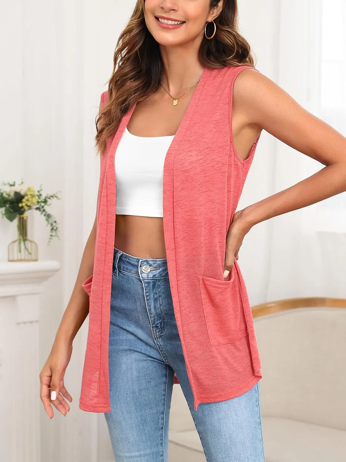 Summer Vest for Women Lightweight Fashion Casual Soft Knit Sleeveless Cardigan Curved Hem with Cozy Pockets (S-3XL)