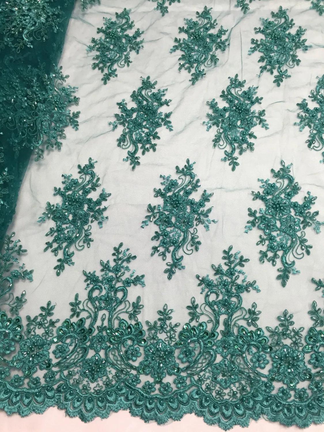 Teal Green marvelous design embroider and beaded on a mesh lace-prom-nightgown-decorations-dresses-Sold by the yard.