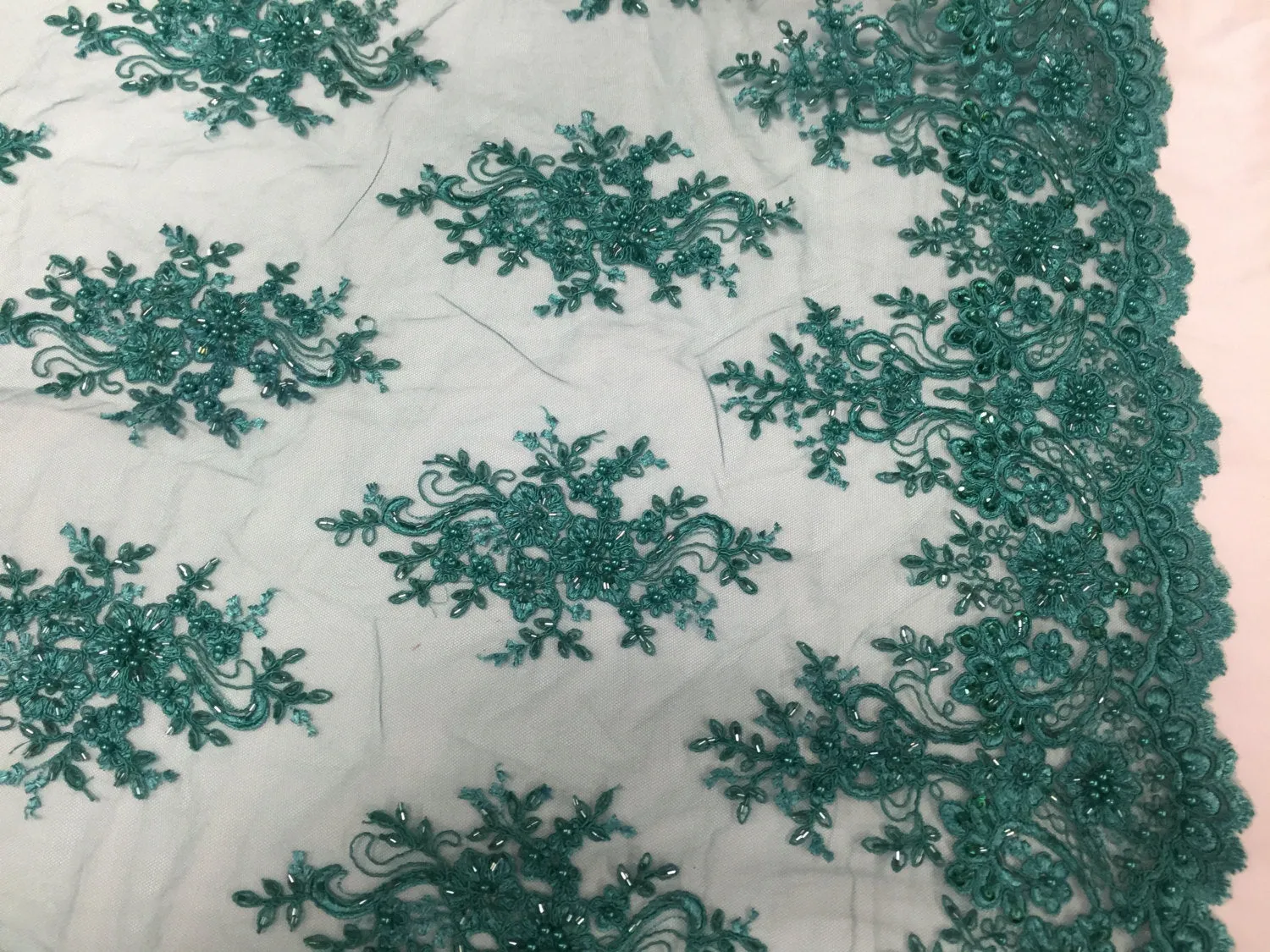 Teal Green marvelous design embroider and beaded on a mesh lace-prom-nightgown-decorations-dresses-Sold by the yard.